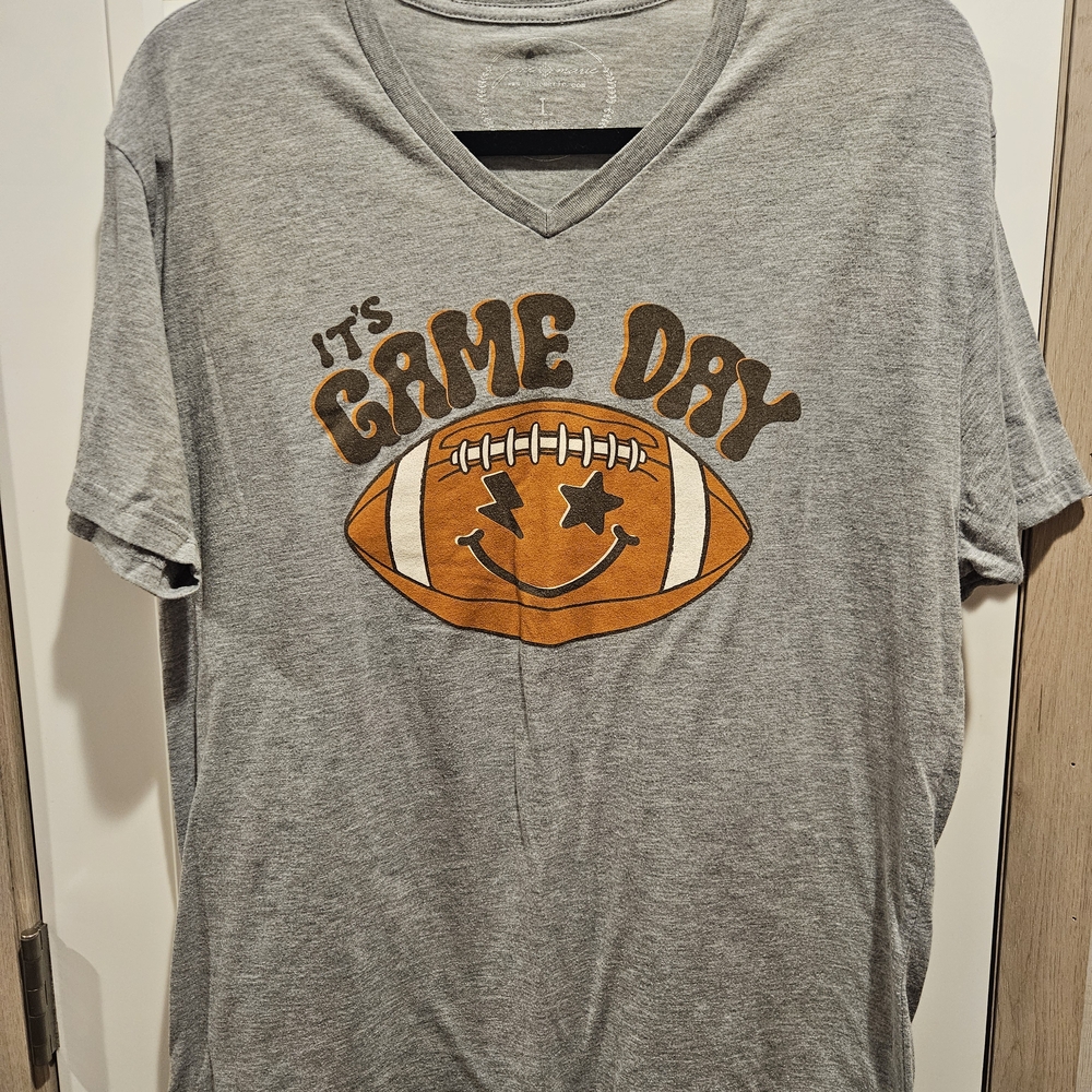 Jane Marie Gray V-Neck Graphic Game Day Football Tee Size Large